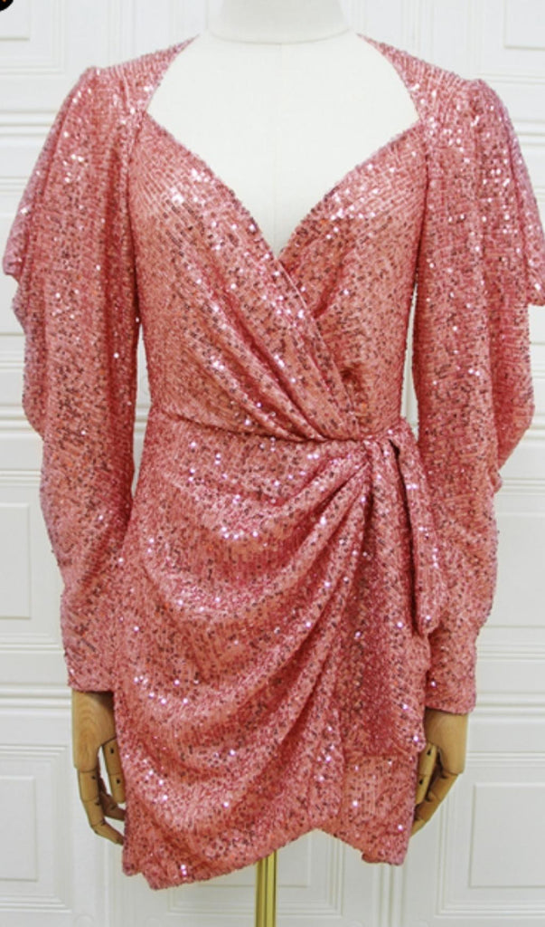 ROSE GOLD HOLOGRAPHIC SEQUINNED WRAP DRESS-Dresses-Oh CICI SHOP