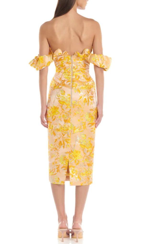 JACQUARD OFF SHOULDER MIDI DRESS IN YELLOW-Oh CICI SHOP