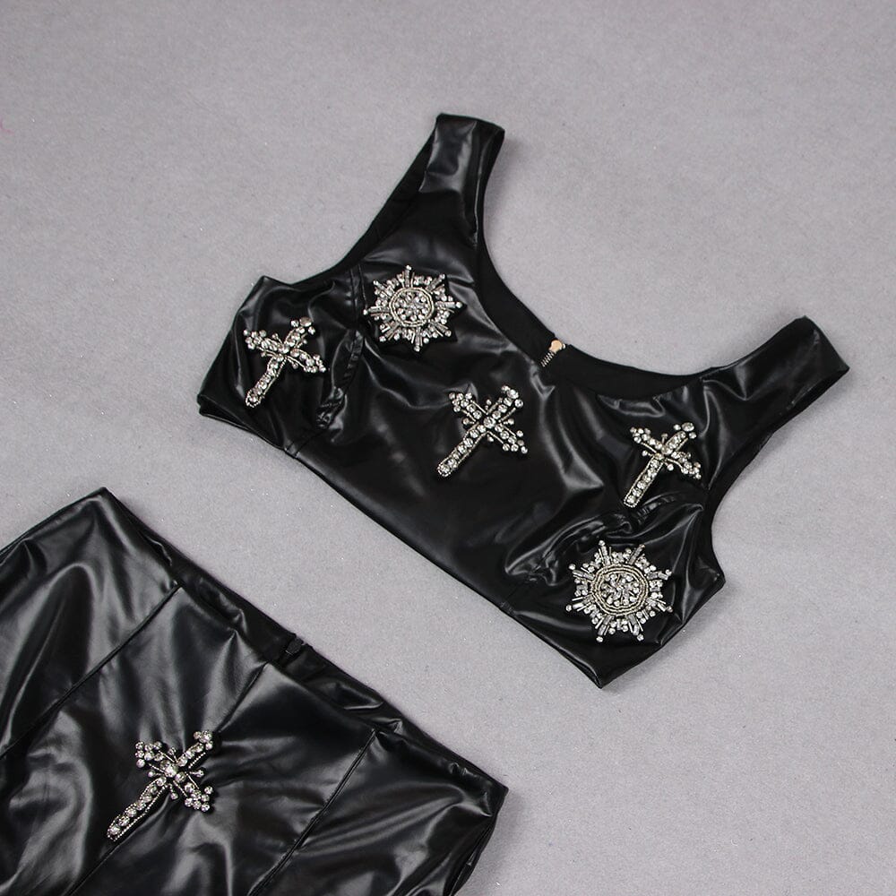 CRYSTAL EMBELLISHMENTS LEATHER TWO PIECE SUIT IN BLACK styleofcb 