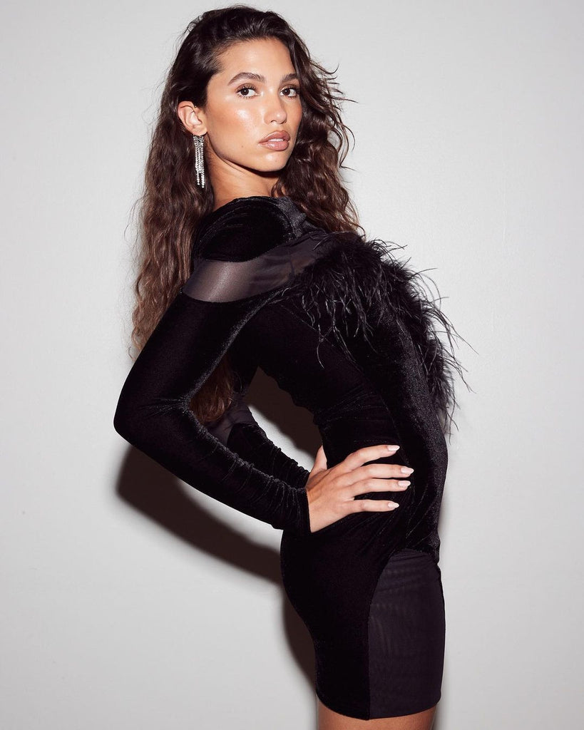 LONG SLEEVES FEATHER MINI DRESS IN BLACK-Dresses-Oh CICI SHOP