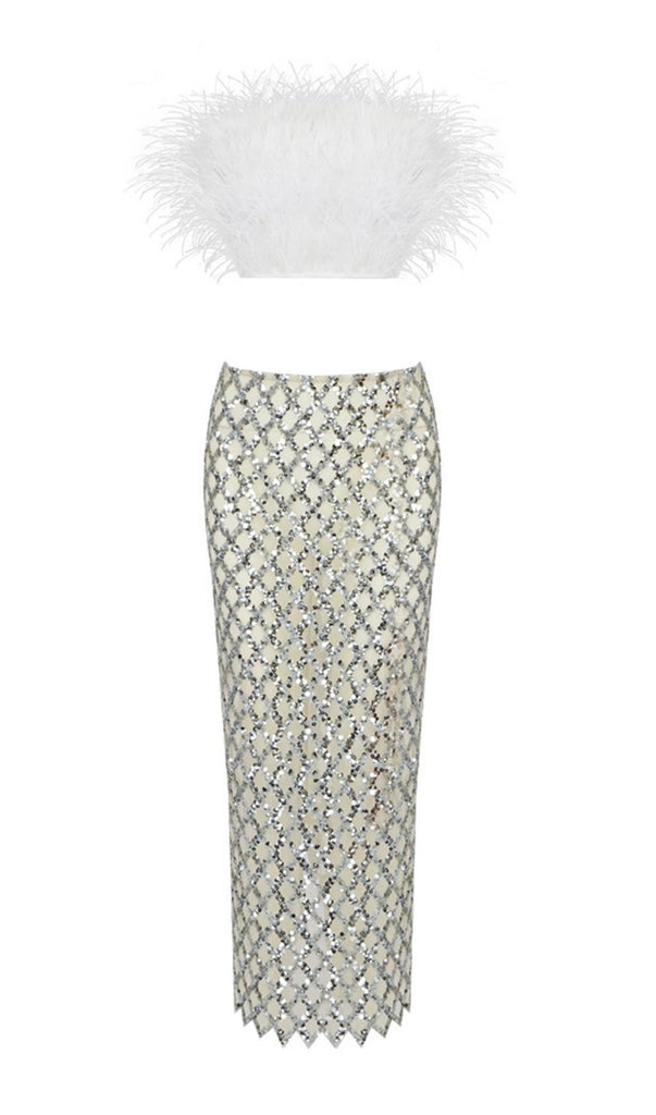 FEATHER SEQUIN TWO PIECE SET IN WHITE-Oh CICI SHOP