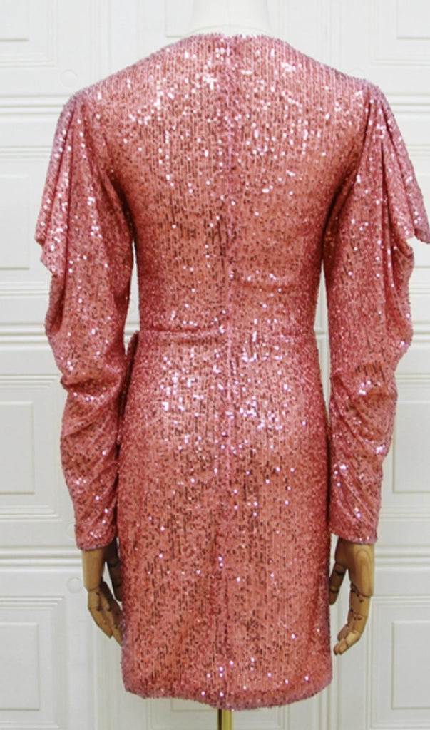 ROSE GOLD HOLOGRAPHIC SEQUINNED WRAP DRESS-Dresses-Oh CICI SHOP