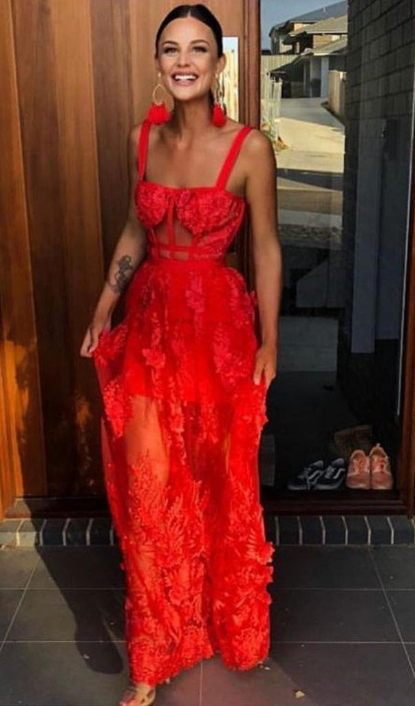 RED LACE MAXI BANDAGE DRESS-Dresses-Oh CICI SHOP