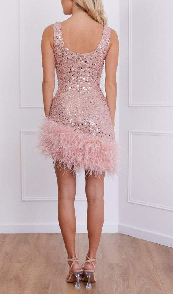 PINK FEATHER SEQUIN DRESS-Oh CICI SHOP