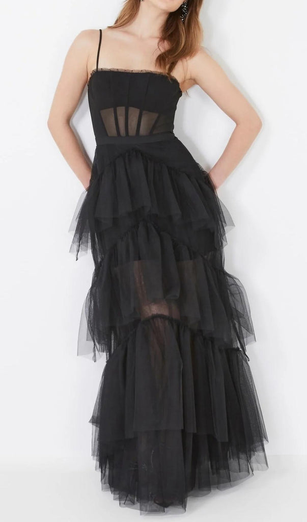 TIERED RUFFLE TULLE EVENING MAXI DRESS-Dresses-Oh CICI SHOP
