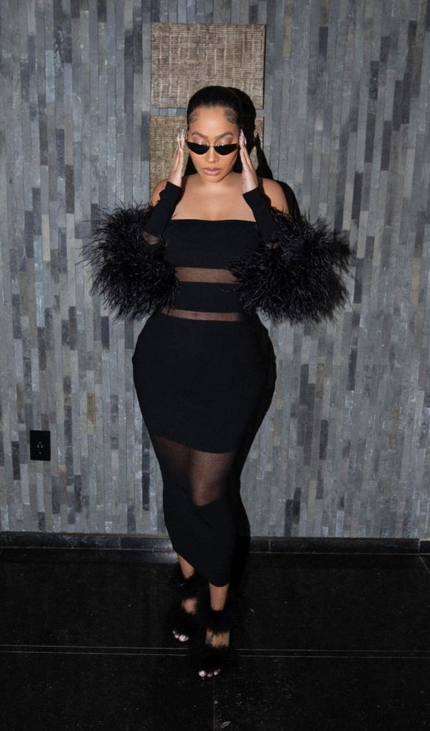 BANDAGE OFF-SHOULDER FEATHER MIDI DRESS IN BLACK styleofcb 