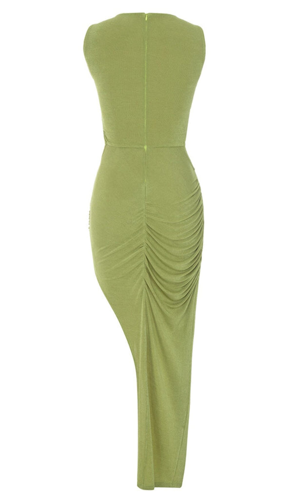 CUT OUT RUCHED MIDI DRESS IN GREEN DRESS OH CICI 