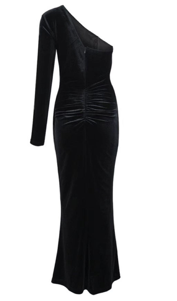 VELVET DIAMOND ONE SHOULDER SPLIT MAXI DRESS IN BLACK-Oh CICI SHOP