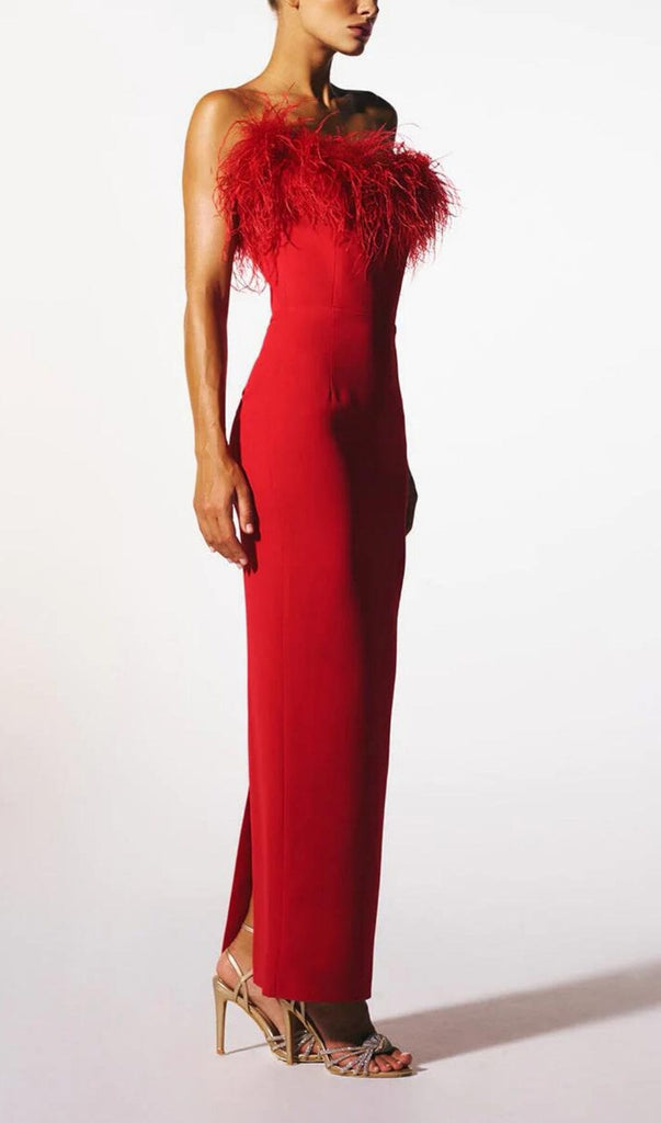 STRETCH STRAPLESS FEATHER TRIMMED GOWN IN RED-Oh CICI SHOP