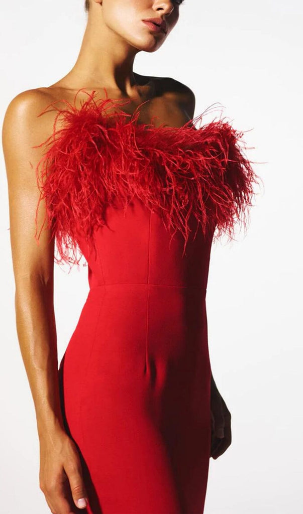 STRETCH STRAPLESS FEATHER TRIMMED GOWN IN RED-Oh CICI SHOP
