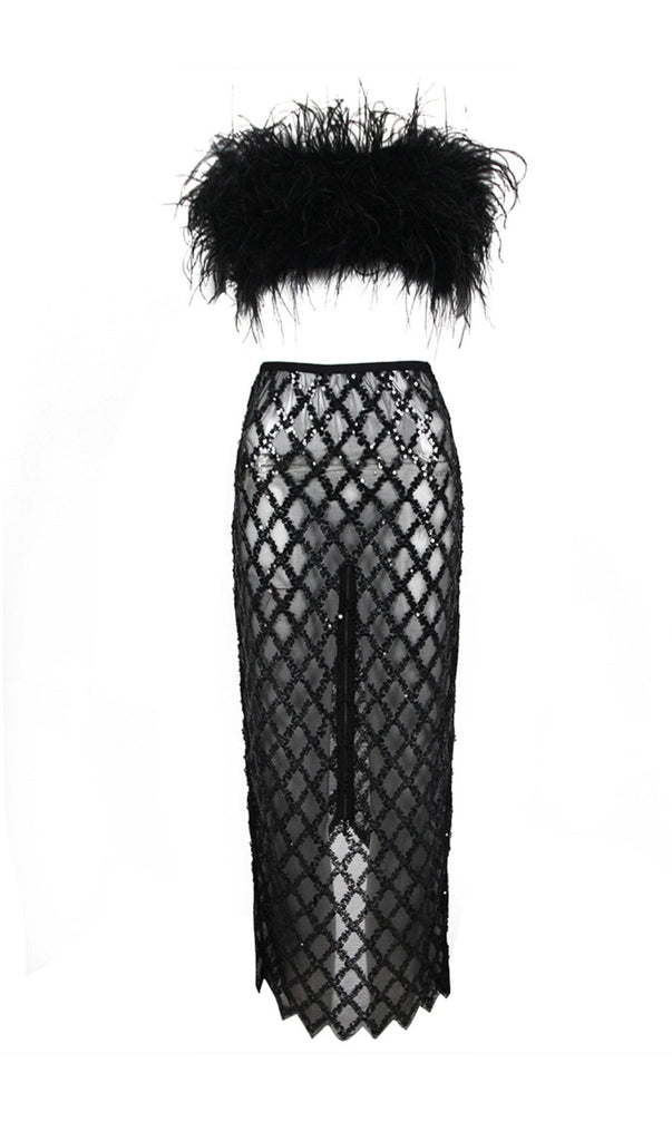 FEATHER SEQUIN TWO PIECE SET IN BLACK-Oh CICI SHOP