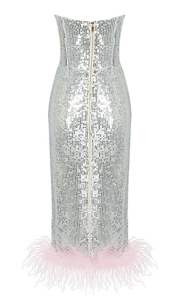 STRAPLESS SEQUIN FEATHER MIDI DRESS IN SILVER-Dresses-Oh CICI SHOP