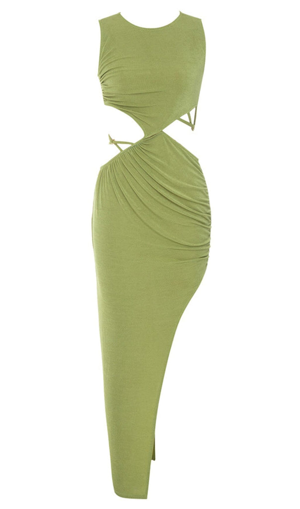 CUT OUT RUCHED MIDI DRESS IN GREEN DRESS OH CICI 