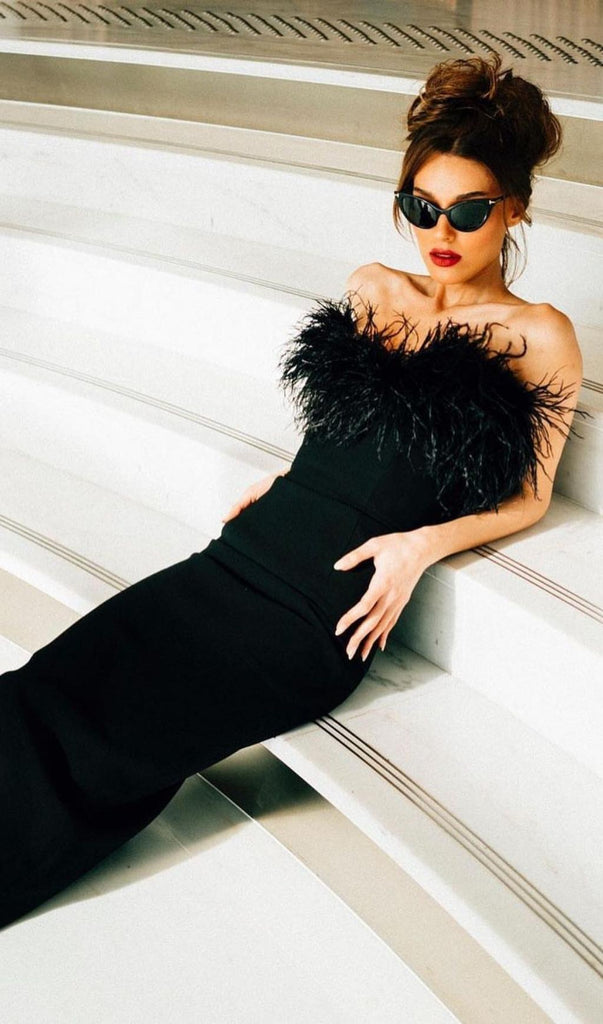 FEATHER BODYCON MAXI DRESS IN BLACK-Dresses-Oh CICI SHOP