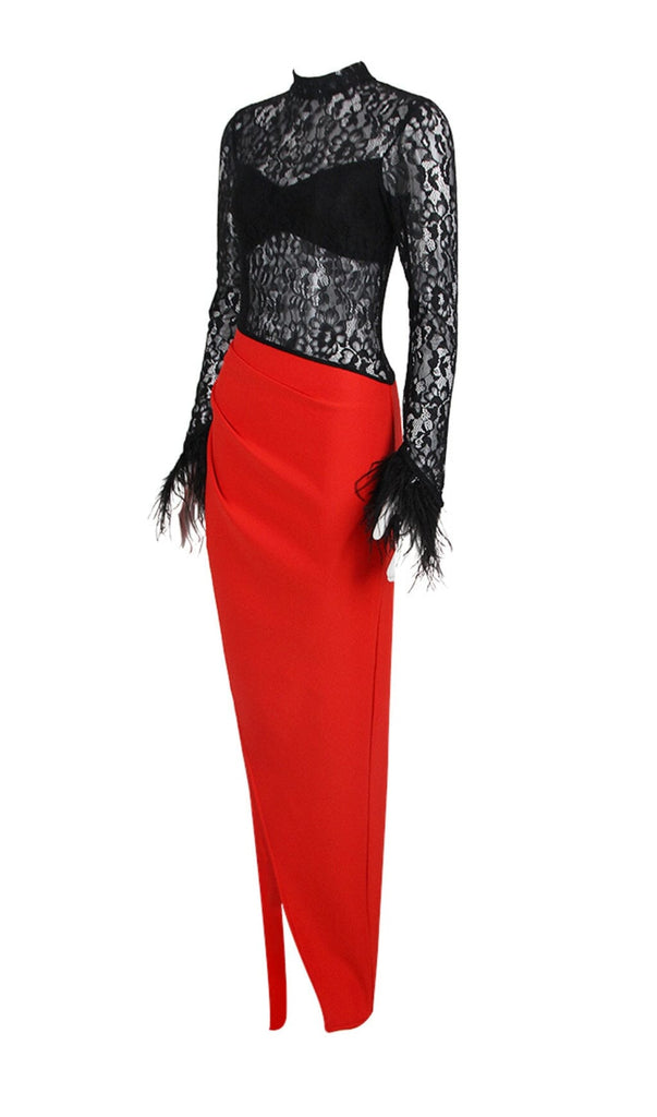 SPLICED LACE FEATHER SLIT DRESS IN BLACK AND RED-Oh CICI SHOP