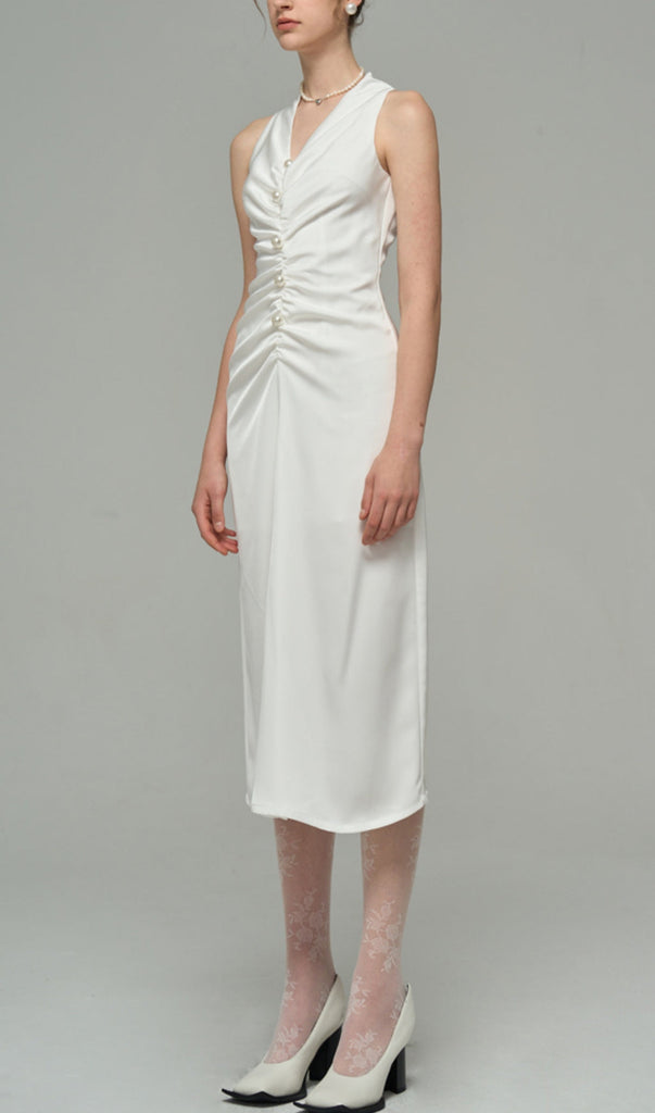 SATIN PEARL DECORATIVE DRESS IN WHITE-Oh CICI SHOP