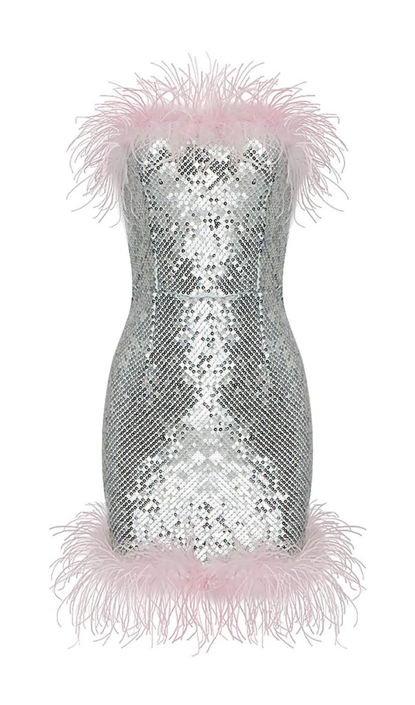 STRAP SILVER SEQUIN FEATHER MINI DRESS-Dresses-Oh CICI SHOP