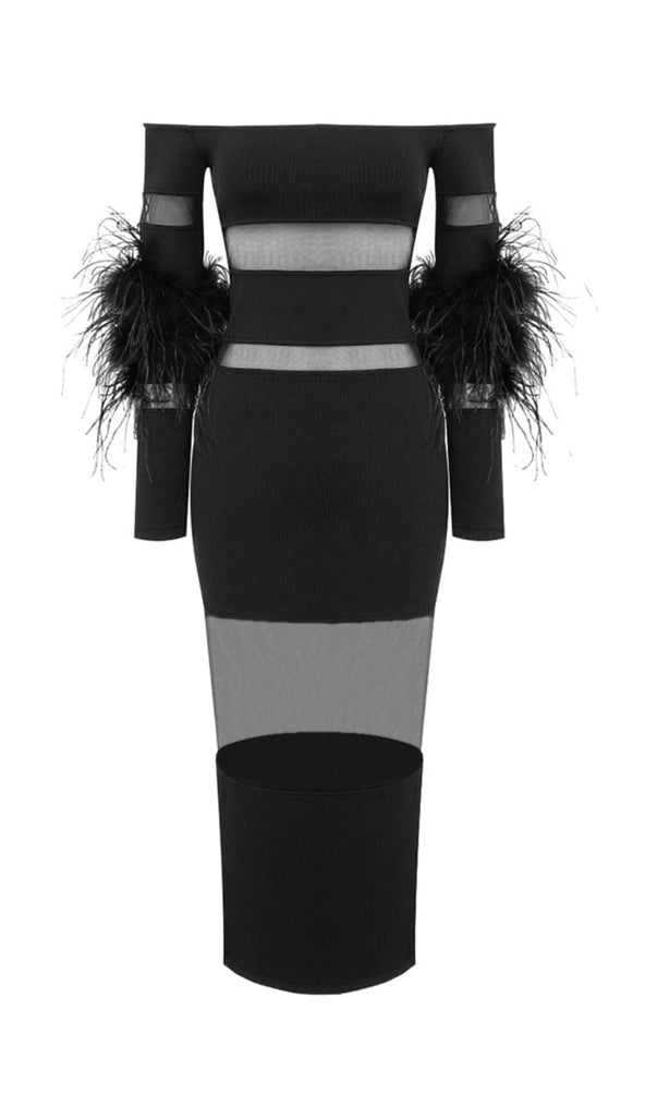 BANDAGE OFF-SHOULDER FEATHER MIDI DRESS IN BLACK styleofcb 