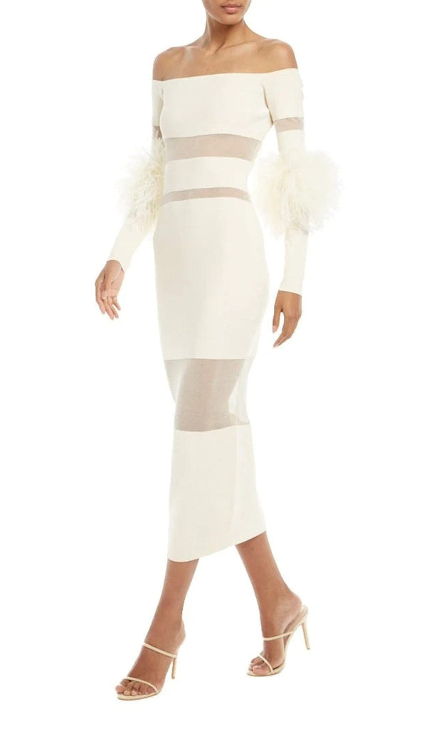 BANDAGE OFF-SHOULDER FEATHER MIDI DRESS IN WHITE styleofcb 