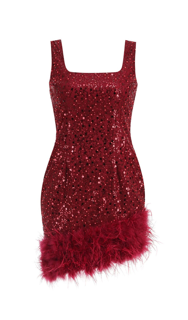 RED FEATHER SEQUIN DRESS-Oh CICI SHOP