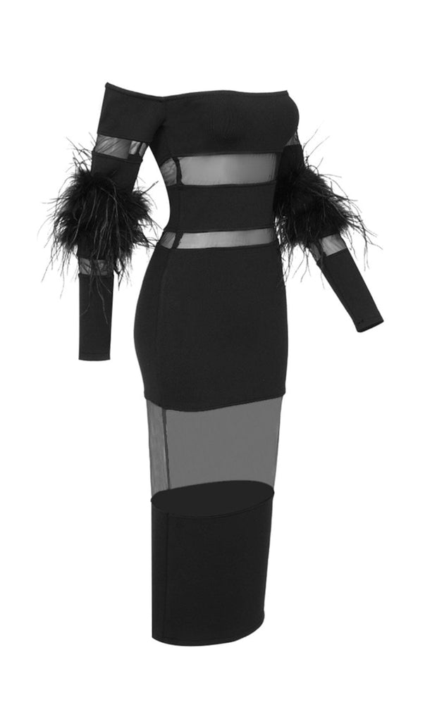 BANDAGE OFF-SHOULDER FEATHER MIDI DRESS IN BLACK styleofcb 