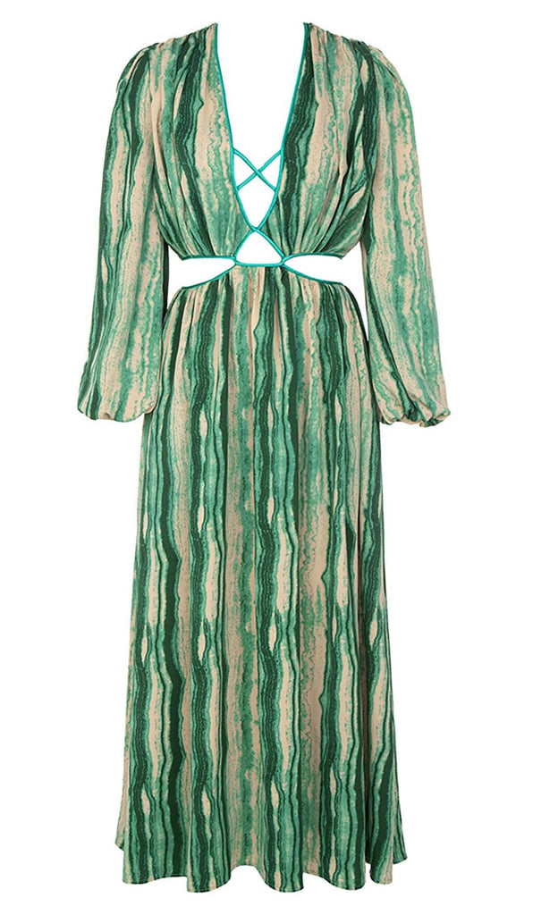 ALLOVER PRINT CUT OUT PUFF SLEEVE DRESS IN EMERALD GEMSTONE DRESS OH CICI 