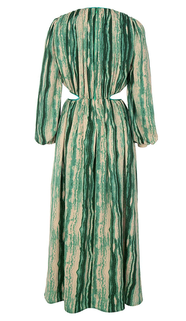 ALLOVER PRINT CUT OUT PUFF SLEEVE DRESS IN EMERALD GEMSTONE DRESS OH CICI 