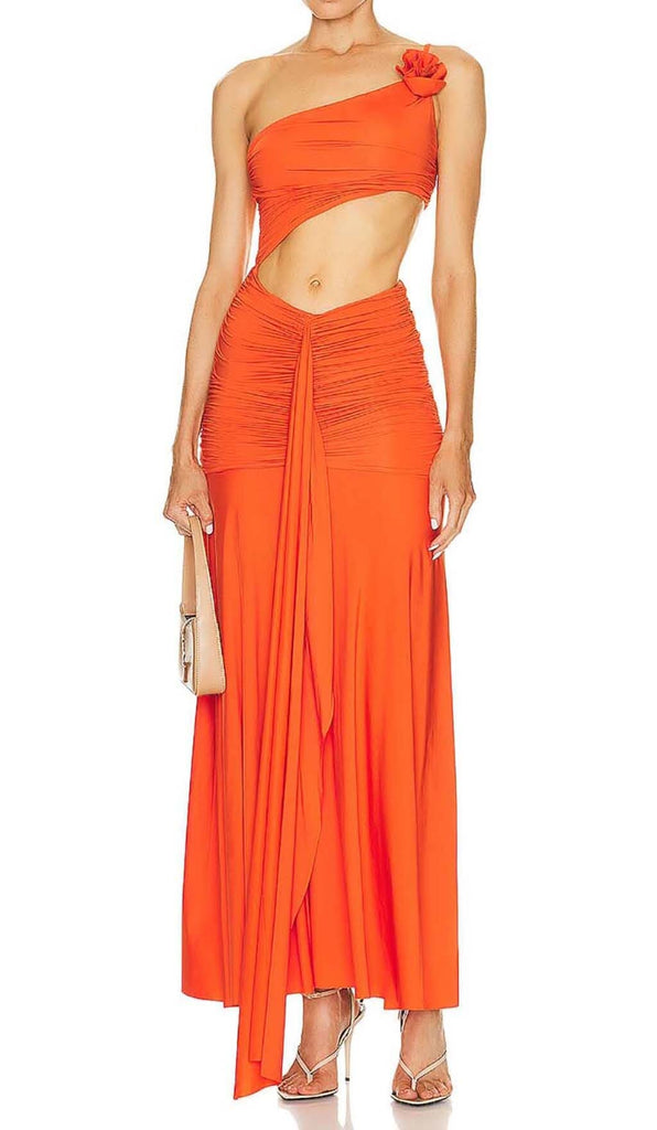 ASYMMETRIC RUCHED JERSEY MAXI DRESS IN ORANGE DRESS OH CICI