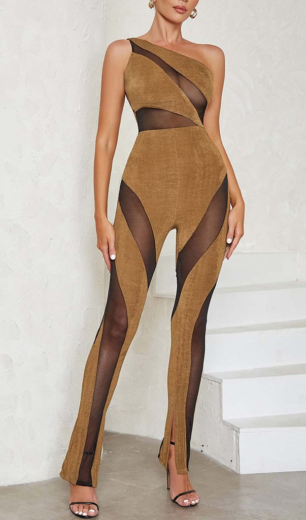ASYMMETRICAL PATTERN MESH JUMPSUIT IN BROWN DRESS OH CICI 