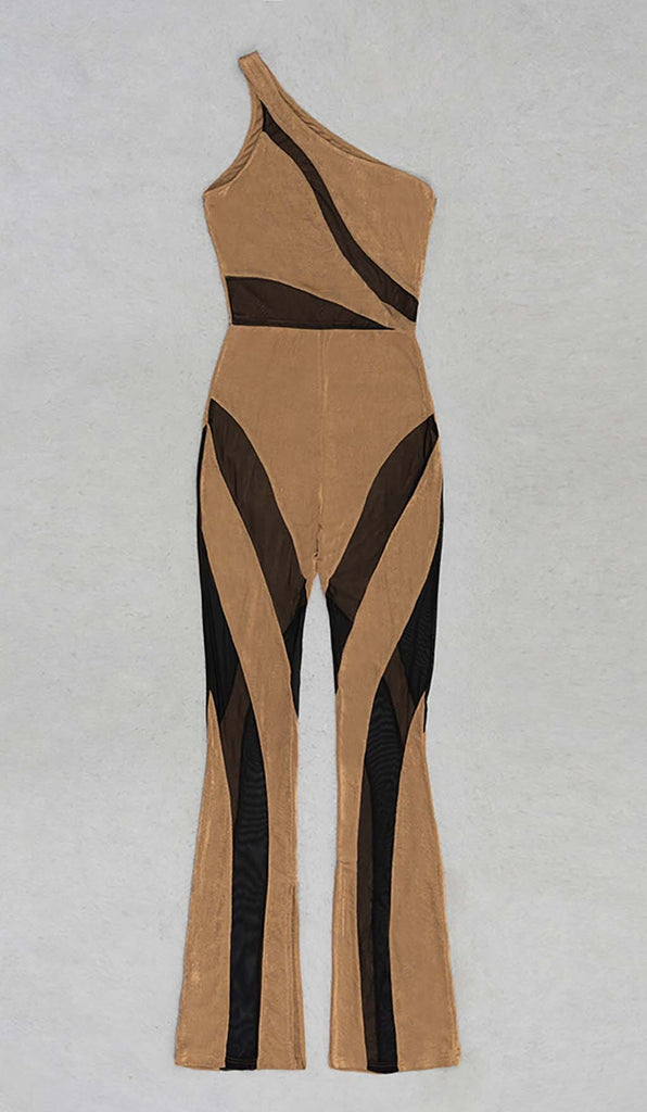 ASYMMETRICAL PATTERN MESH JUMPSUIT IN BROWN DRESS OH CICI 