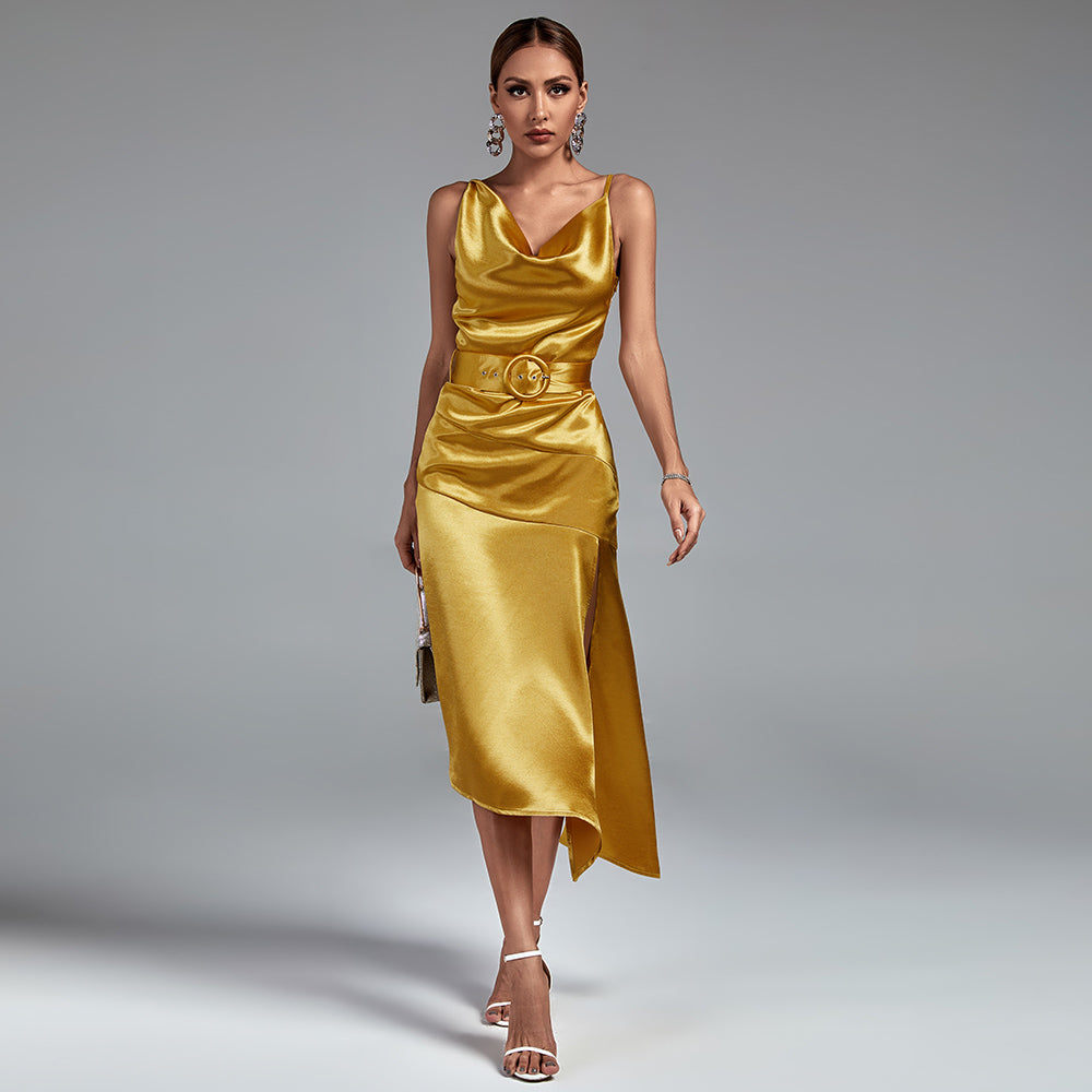 GOLD STRAPPY SPLIT LARK DRESS-Dress-Oh CICI SHOP