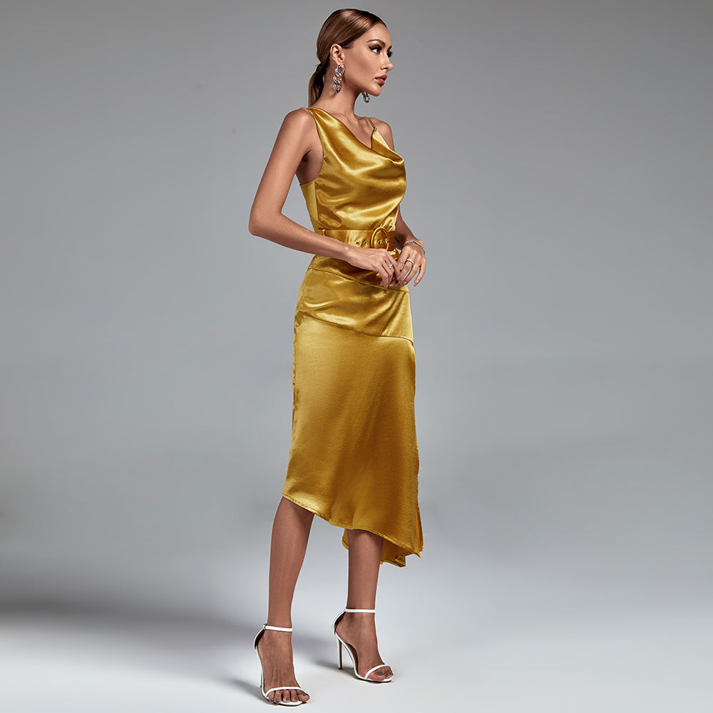 GOLD STRAPPY SPLIT LARK DRESS-Dress-Oh CICI SHOP