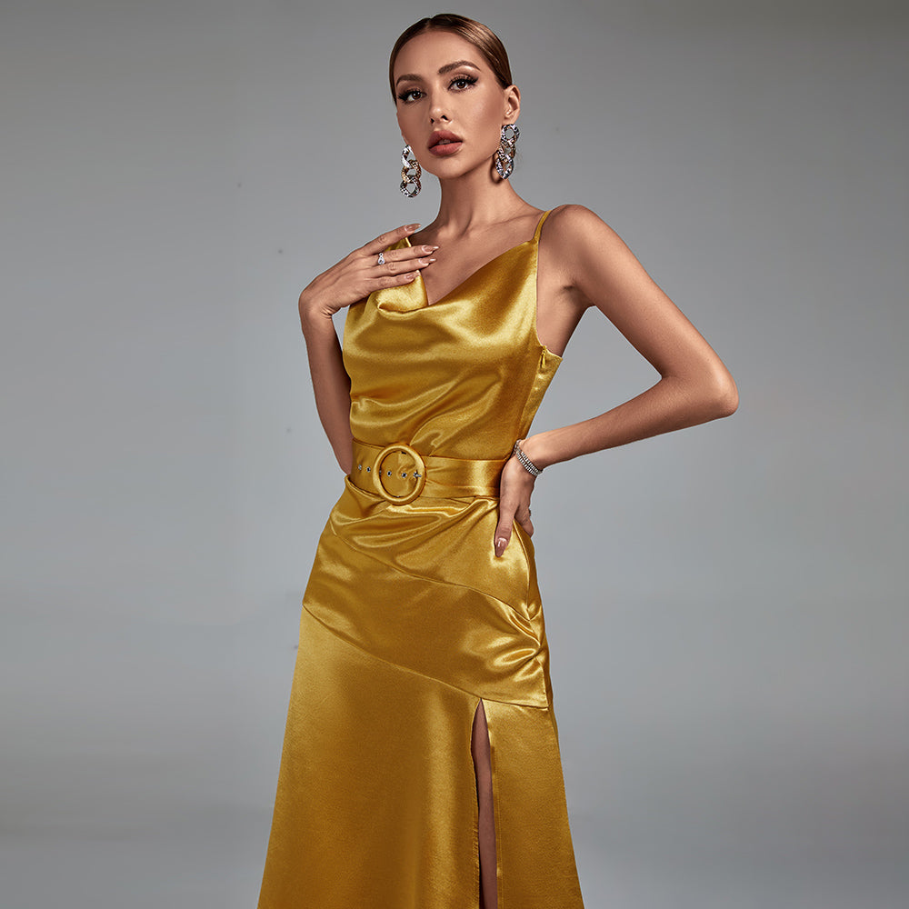 GOLD STRAPPY SPLIT LARK DRESS-Dress-Oh CICI SHOP