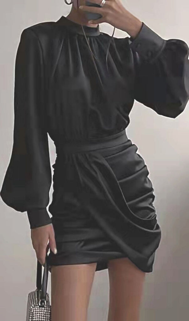 BLACK HEAVY SATIN HIGH NECKED DRAPED DRESS-Dresses-Oh CICI SHOP