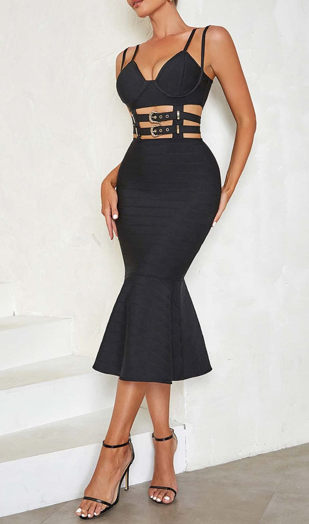 BUCKLE BANDAGE MIDI DRESS IN BLACK DRESS OH CICI 