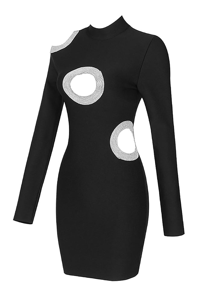 Black Crew Neck Long Sleeve Beaded Cutout Ring Bandage Dress-Sequins Dress-Oh CICI SHOP