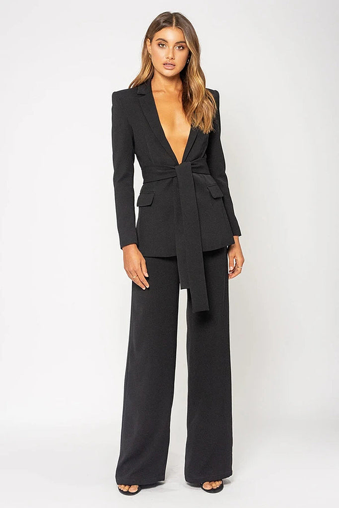 White V Neck Long Sleeves Sashes Suit-BODYSUITS & JUMPSUITS-Oh CICI SHOP