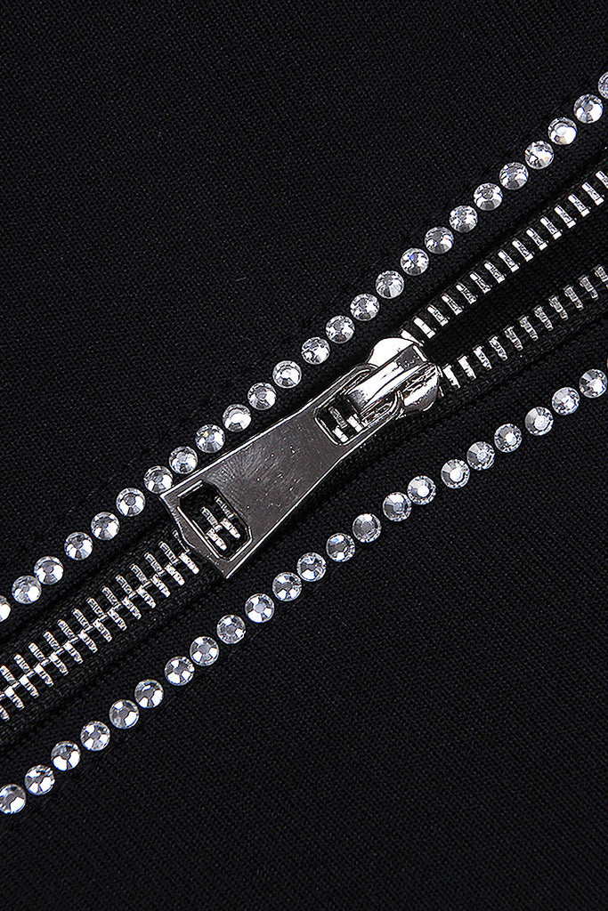 Black Long Sleeve Back Zipper Crystal Bandage Dress-LEATHERETTE PIECES-Oh CICI SHOP