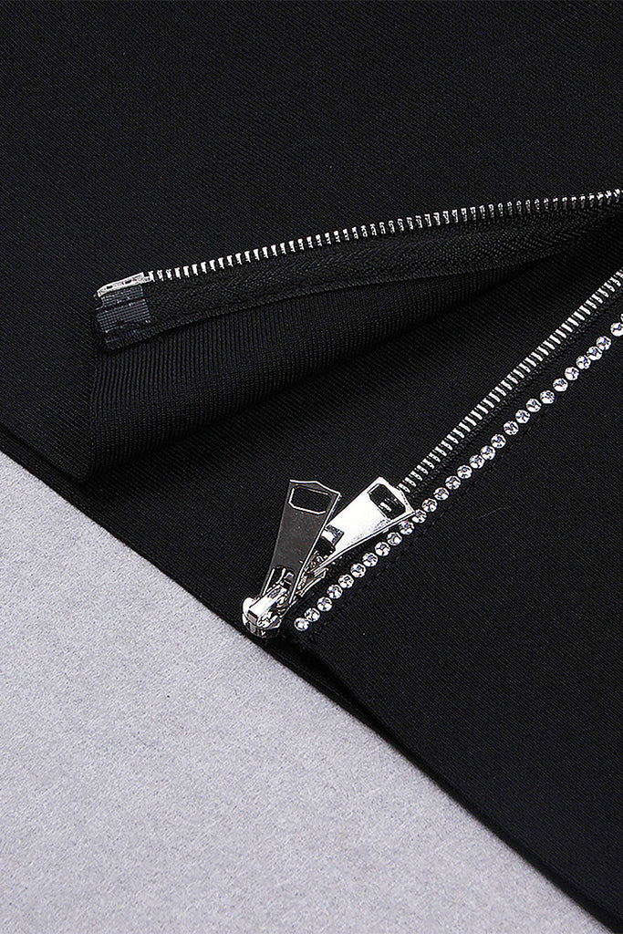 Black Long Sleeve Back Zipper Crystal Bandage Dress-LEATHERETTE PIECES-Oh CICI SHOP