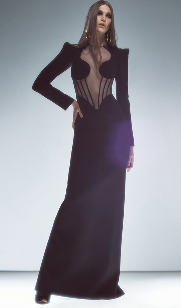 BLACK MESH CORSET DETAIL BANDAGE LONG DRESS-MAXI BANDAGE DRESSES & GOWNS-Oh CICI SHOP