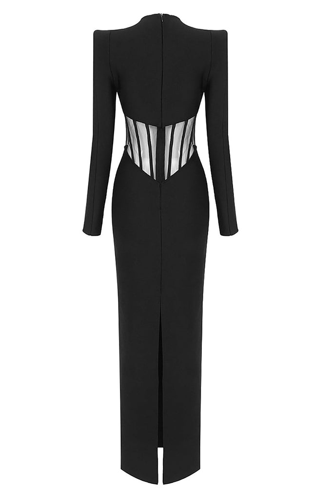 BLACK MESH CORSET DETAIL BANDAGE LONG DRESS-MAXI BANDAGE DRESSES & GOWNS-Oh CICI SHOP