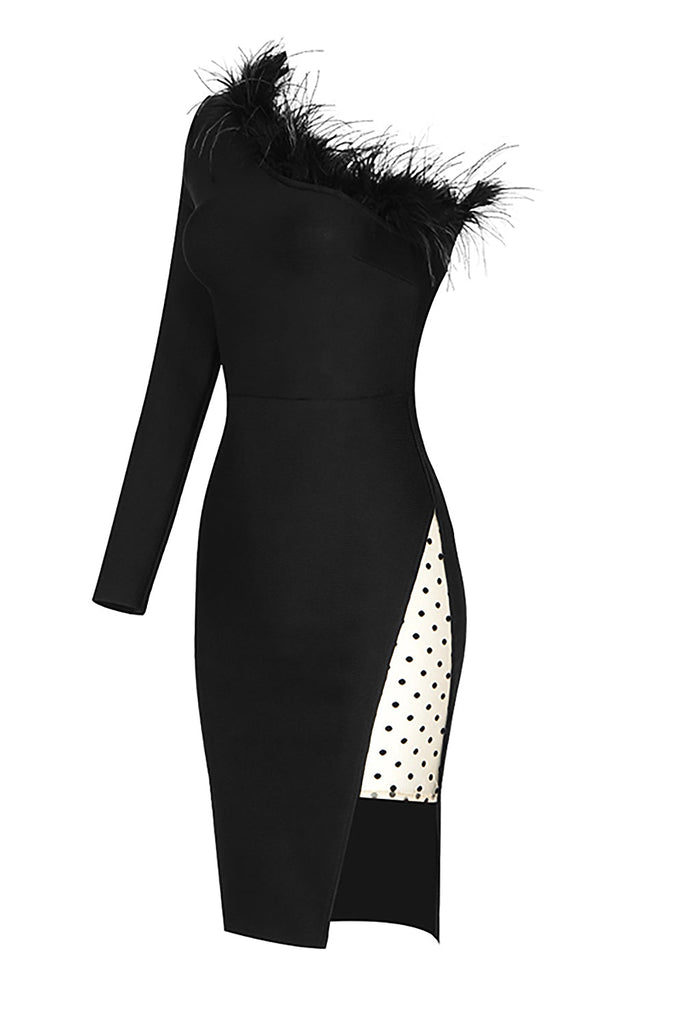 Black One-Shoulder Long Sleeve Feather Slits Mesh Bandage Dress-Bandage Dresses-Oh CICI SHOP