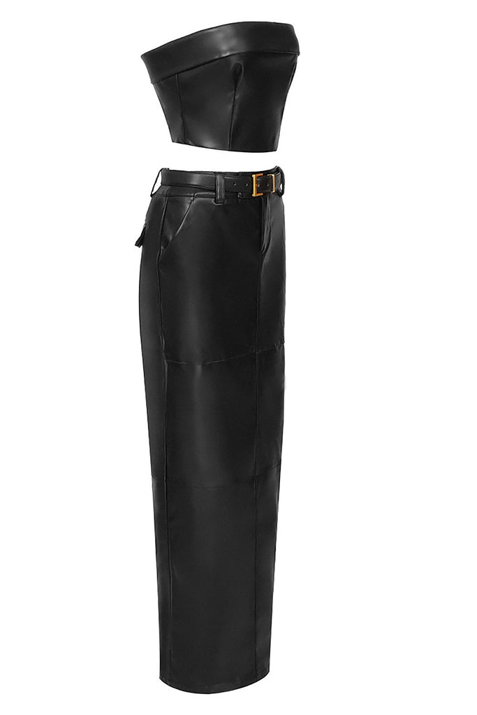 BLACK PU STRAPLESS TOP AND HIGH WAISTED LEATHER SKIRT-TOPS & SKIRTS-Oh CICI SHOP