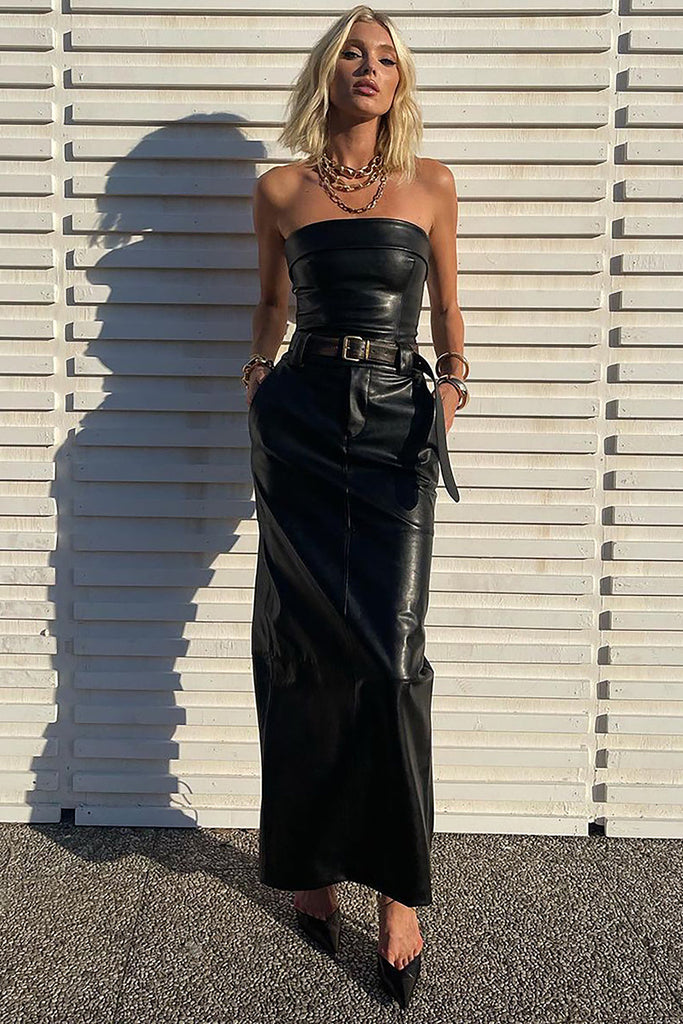 BLACK PU STRAPLESS TOP AND HIGH WAISTED LEATHER SKIRT-TOPS & SKIRTS-Oh CICI SHOP