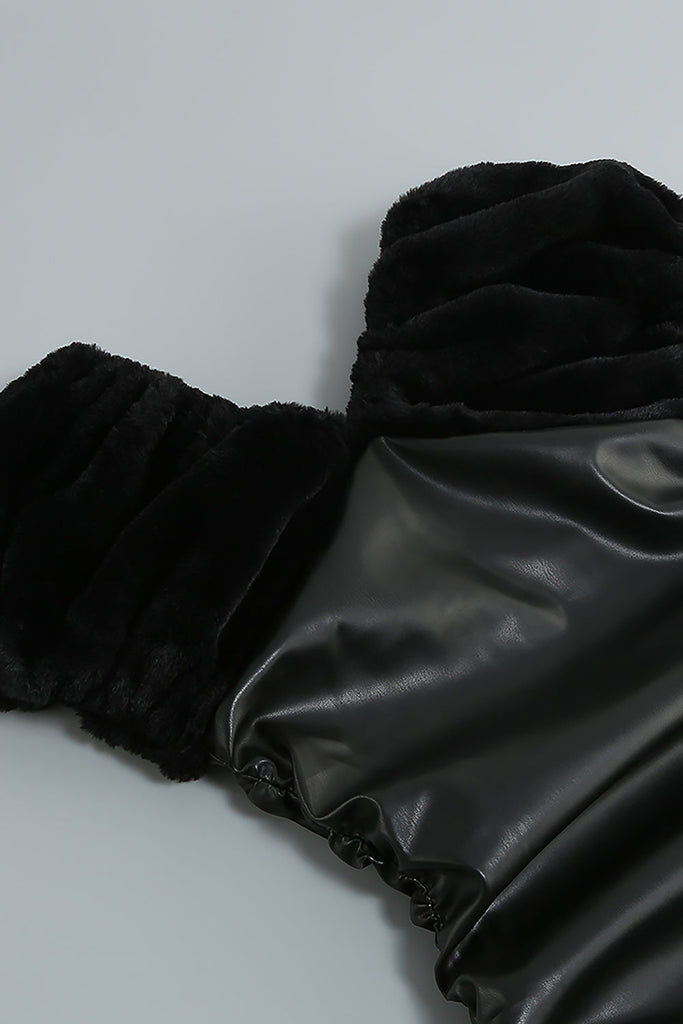 Black Ruched Shawl Leather Coat Dress-Oh CICI SHOP