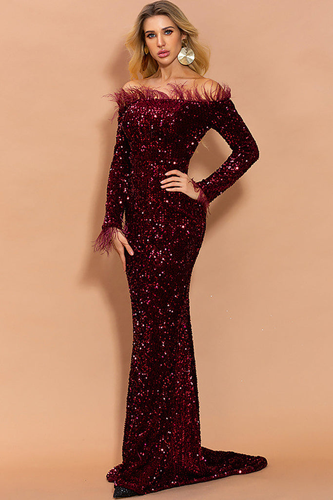 Off Shoulder Feather Long Sleeved Sequin Evening Dress-Sequins Dress-Oh CICI SHOP