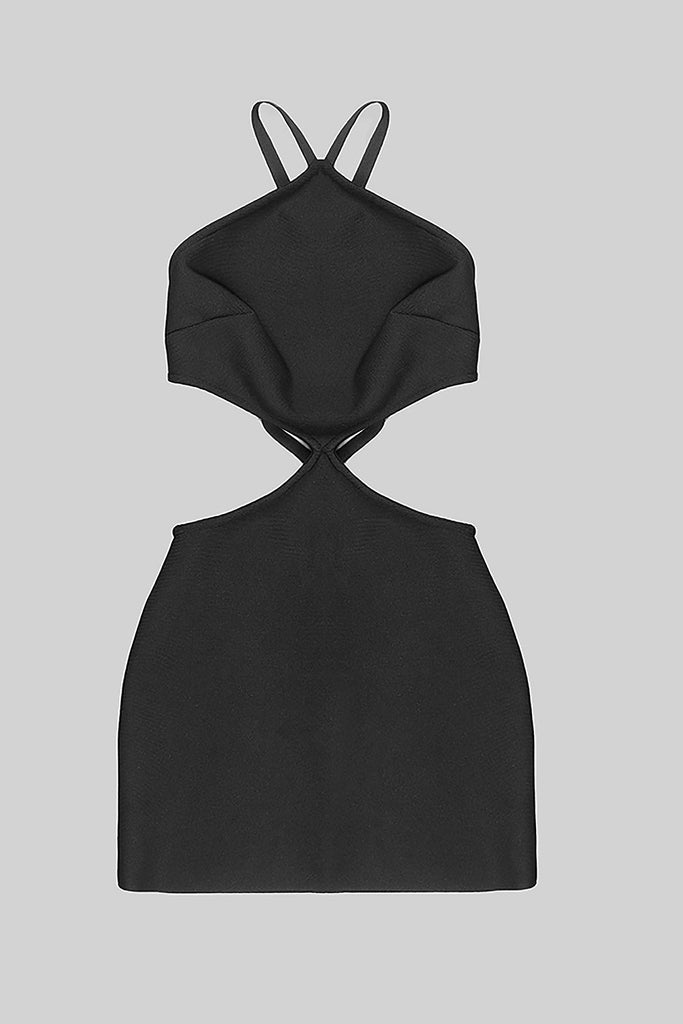 BUTTON BACKLESS HALTE MINI BANDGE DRESS IN BLACK-Dresses-Oh CICI SHOP