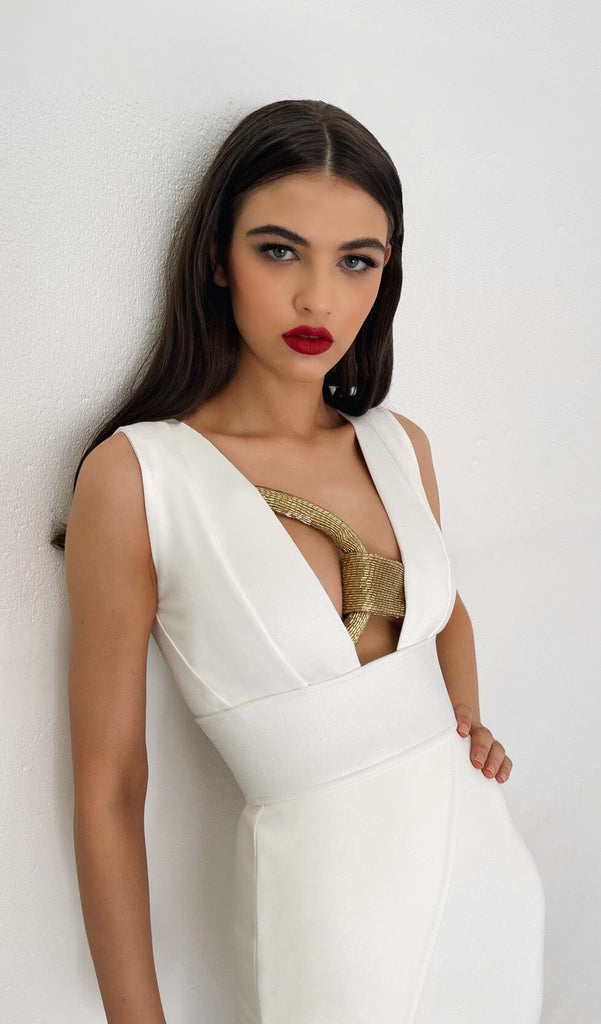 PLUNGE NECK MIDI DRESS IN WHITE DRESS OH CICI 