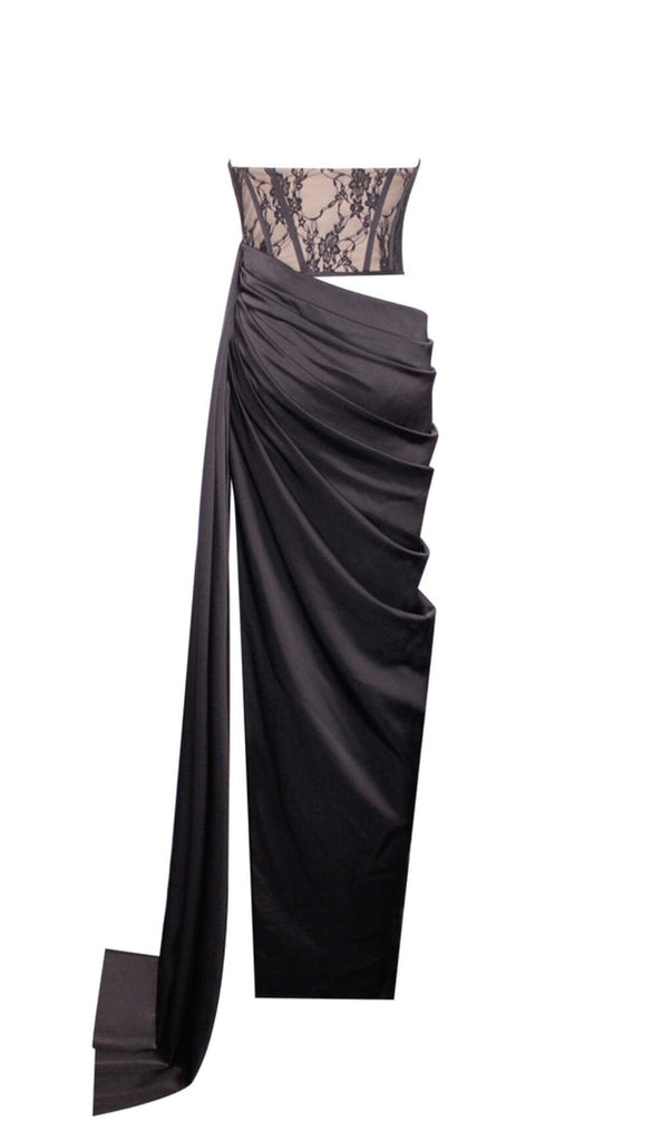 CORSET SATIN PLEATED MAXI DRESS IN BLACK DRESS OH CICI 