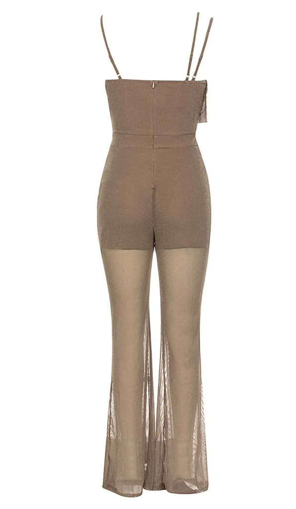 COWL-NECK SEQUIN JUMPSUIT IN KHAKI DRESS STYLE OF CB 
